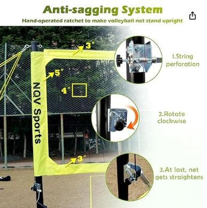 NQV Professional Heavy Duty Outdoor Yellow Volleyball Net Set with Adjustable 3 Levels Height Aluminum Poles, Anti-Sag System, Pump, and Carrying Bag