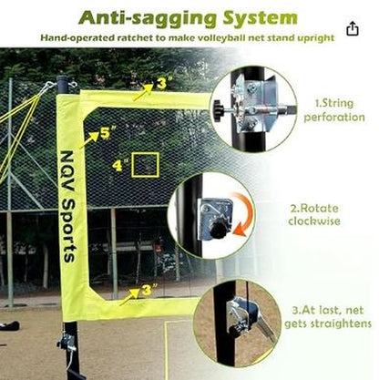 NQV Professional Heavy Duty Outdoor Yellow Volleyball Net Set with Adjustable 3 Levels Height Aluminum Poles, Anti-Sag System, Pump, and Carrying Bag