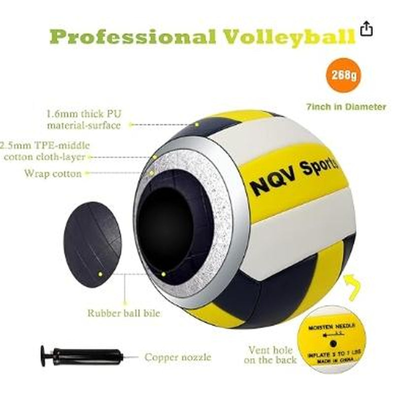 NQV Professional Heavy Duty Outdoor Yellow Volleyball Net Set with Adjustable 3 Levels Height Aluminum Poles, Anti-Sag System, Pump, and Carrying Bag