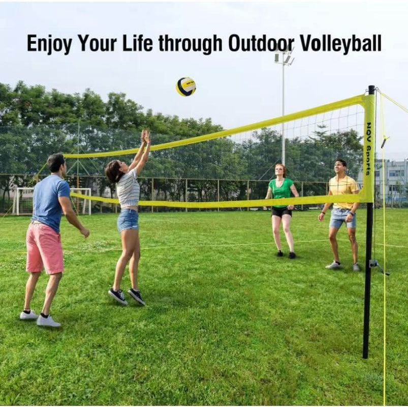 NQV Professional Heavy Duty Outdoor Yellow Volleyball Net Set with Adjustable 3 Levels Height Aluminum Poles, Anti-Sag System, Pump, and Carrying Bag