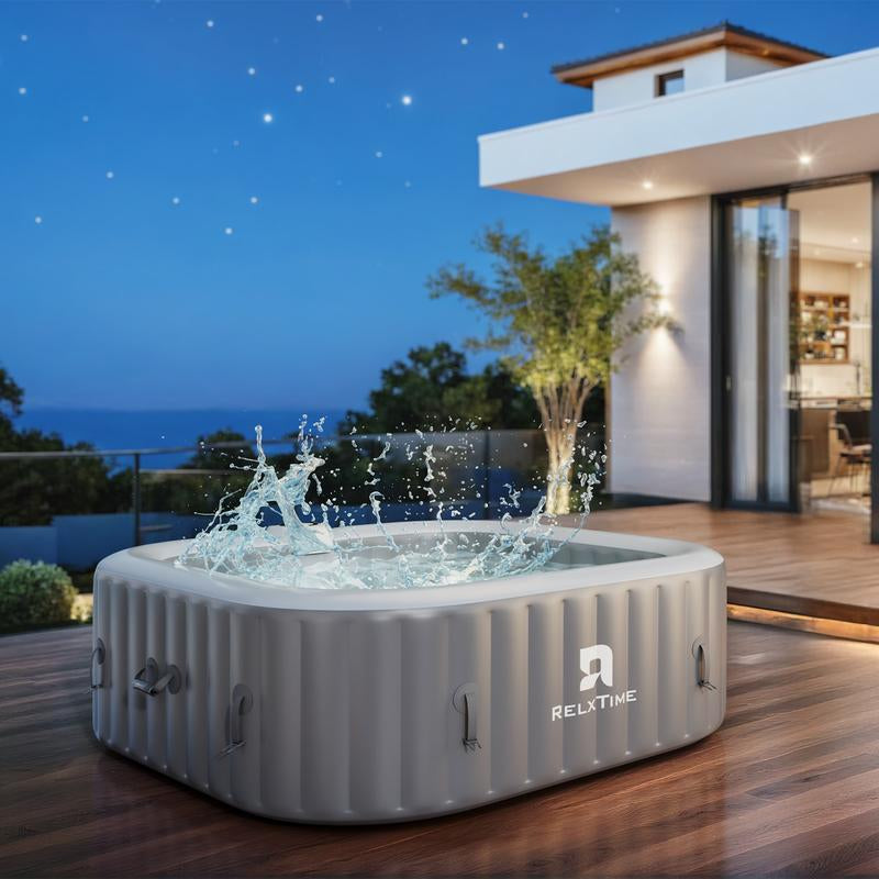RELXTIME 73*73 Inch Portable Square Inflatable Massage Pool for 4-6 People Outdoor Spa with 130 Bubbling Massage Jets, Built-In Heating Pump with Two Cartridges, Gray Fathersdaygift Seat Cushions Relaxation