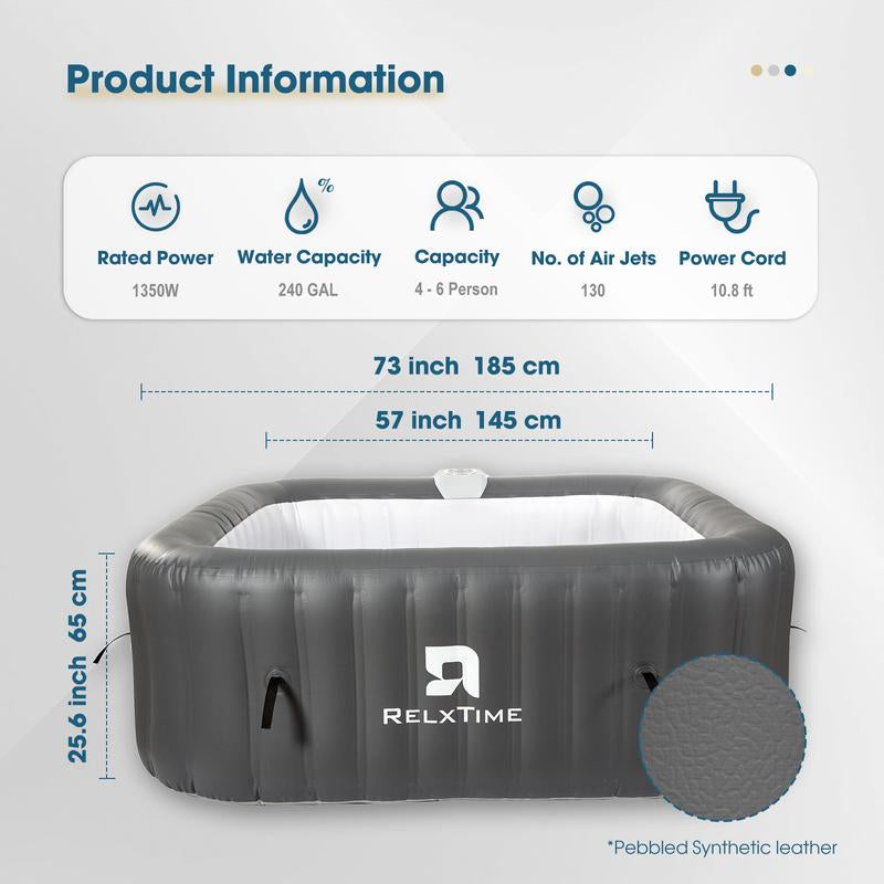 RELXTIME 73*73 Inch Portable Square Inflatable Massage Pool for 4-6 People Outdoor Spa with 130 Bubbling Massage Jets, Built-In Heating Pump with Two Cartridges, Gray Fathersdaygift Seat Cushions Relaxation