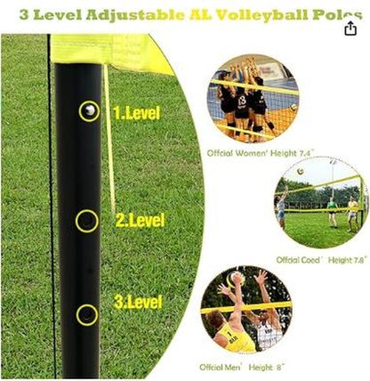 NQV Professional Heavy Duty Outdoor Yellow Volleyball Net Set with Adjustable 3 Levels Height Aluminum Poles, Anti-Sag System, Pump, and Carrying Bag